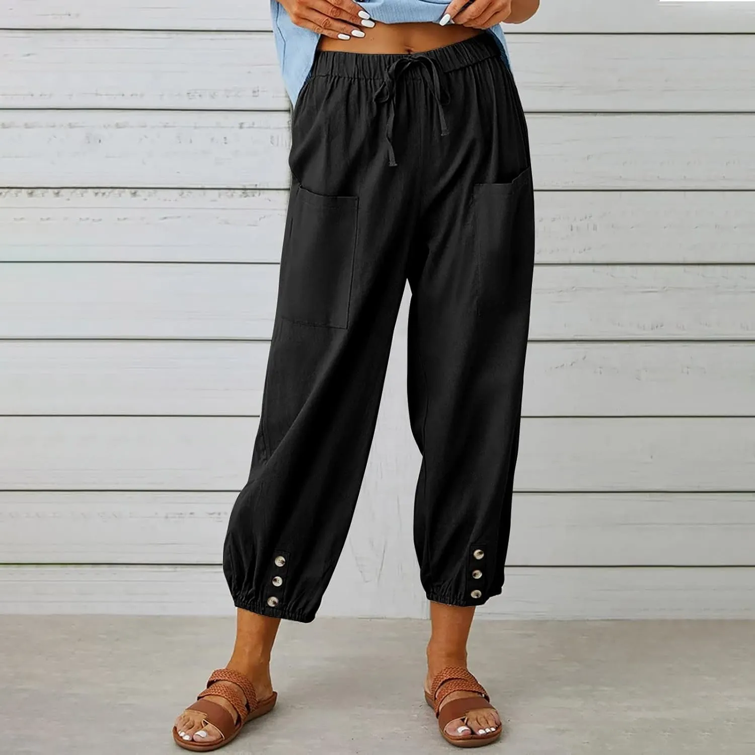 Womens Cotton Linen Pants Drawstring Jogger Pant Summer Loose Beach Trousers with Pockets Vacation Travel Clothes