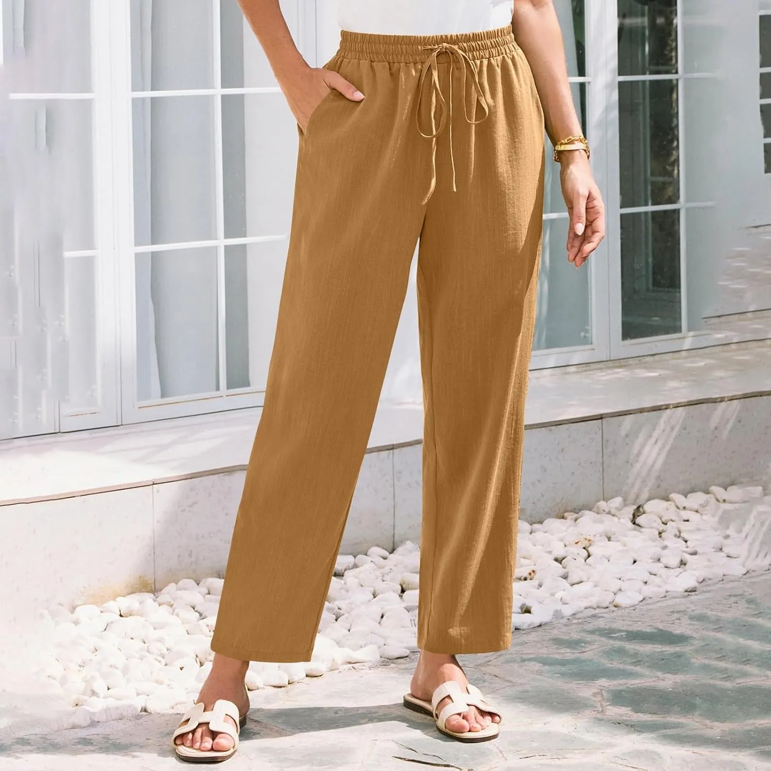 Women's Cotton Linen Straight Leg Pants Elastic Drawstring Trousers with Pockets Summer Beach Lounge Pants