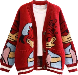 Womens Cute Embroidery Cartoon Duck Cable Knit Cardigans Sweater Button Down Slouchy Wool Blend Coat