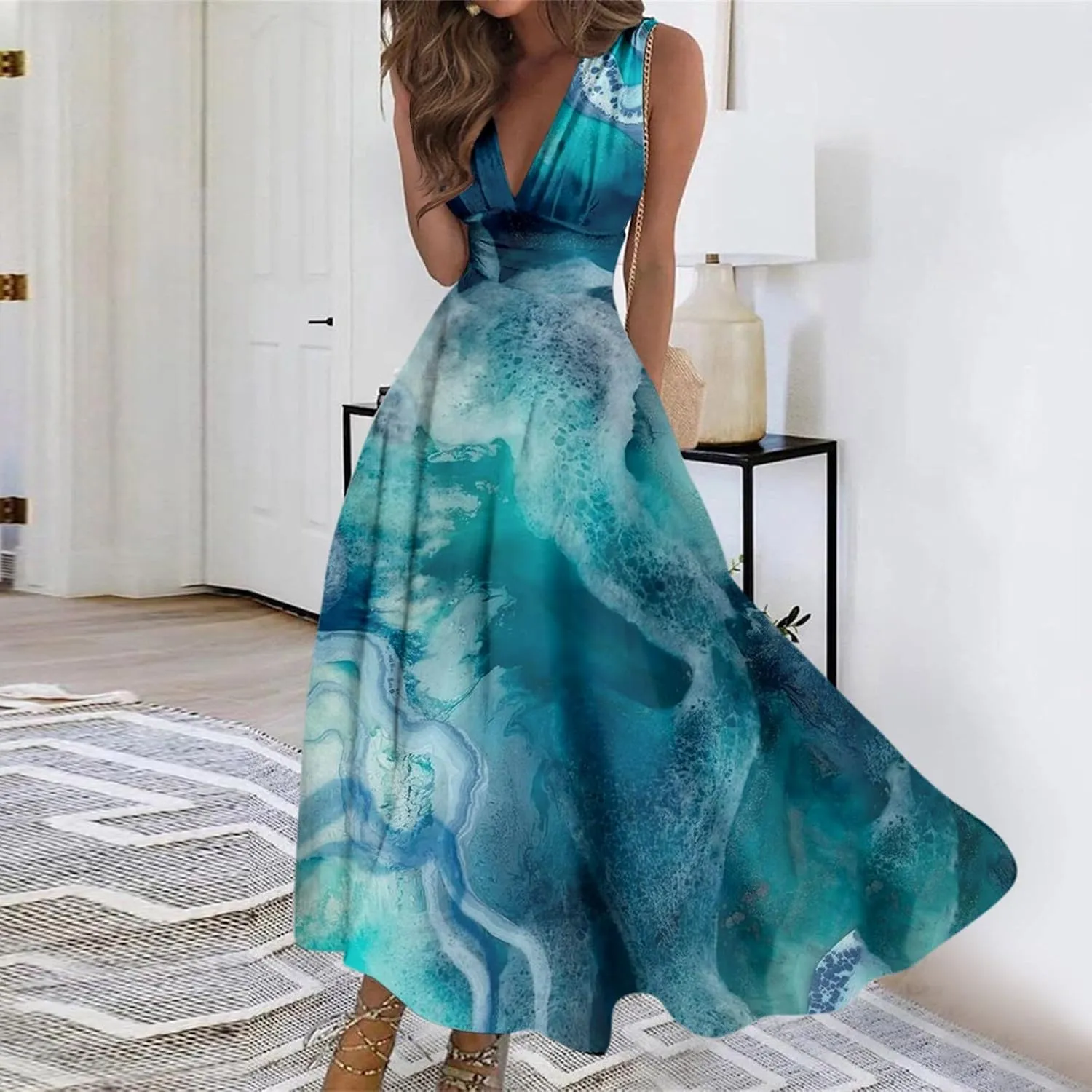 Womens Dresses Floral Print Sleeveless Boho Dress Wrap V Neck Flowy Ruched Beach Dresses Spring Maxi Dress