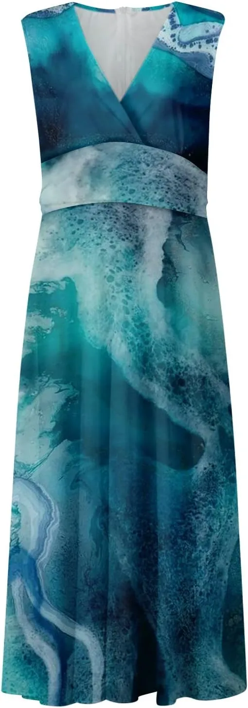 Womens Dresses Floral Print Sleeveless Boho Dress Wrap V Neck Flowy Ruched Beach Dresses Spring Maxi Dress