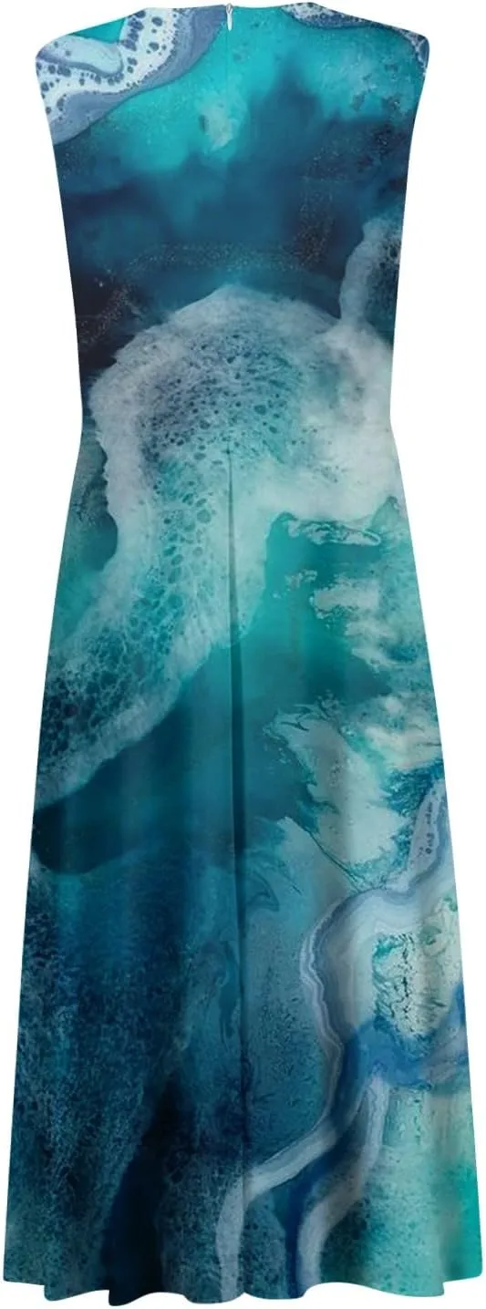 Womens Dresses Floral Print Sleeveless Boho Dress Wrap V Neck Flowy Ruched Beach Dresses Spring Maxi Dress