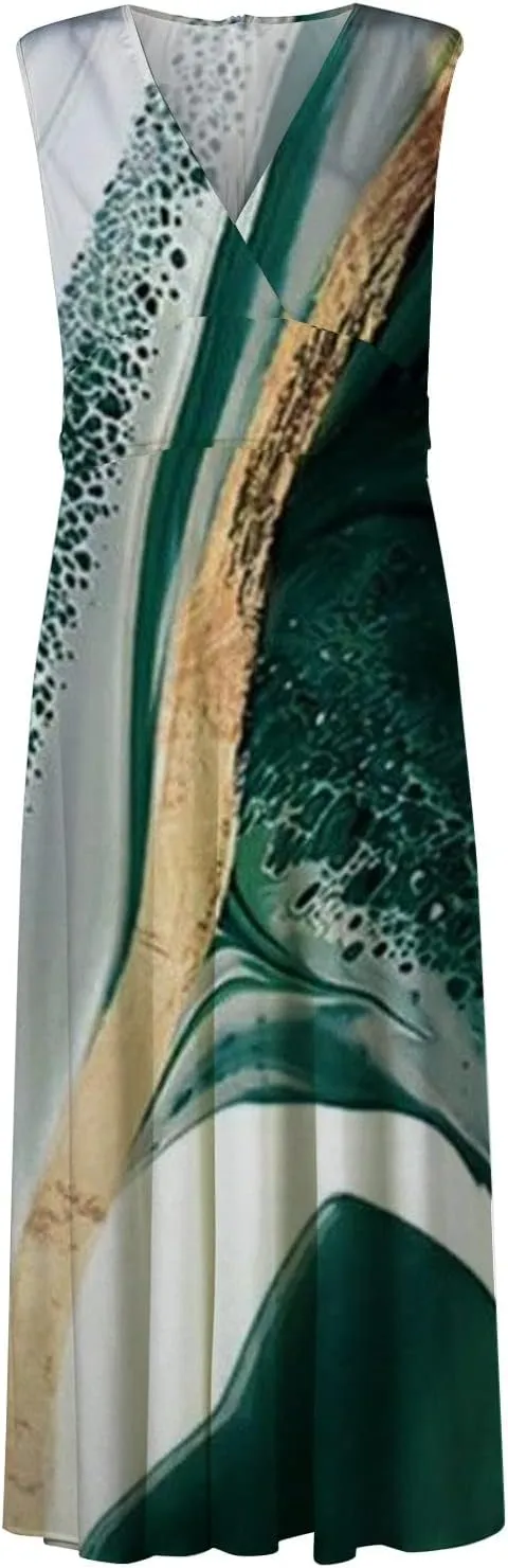 Womens Dresses High Waiste Printed Sundresses Deep V Neck Sleeveless Dresses Flowy Stylish Dresses Retro Maxi Dress