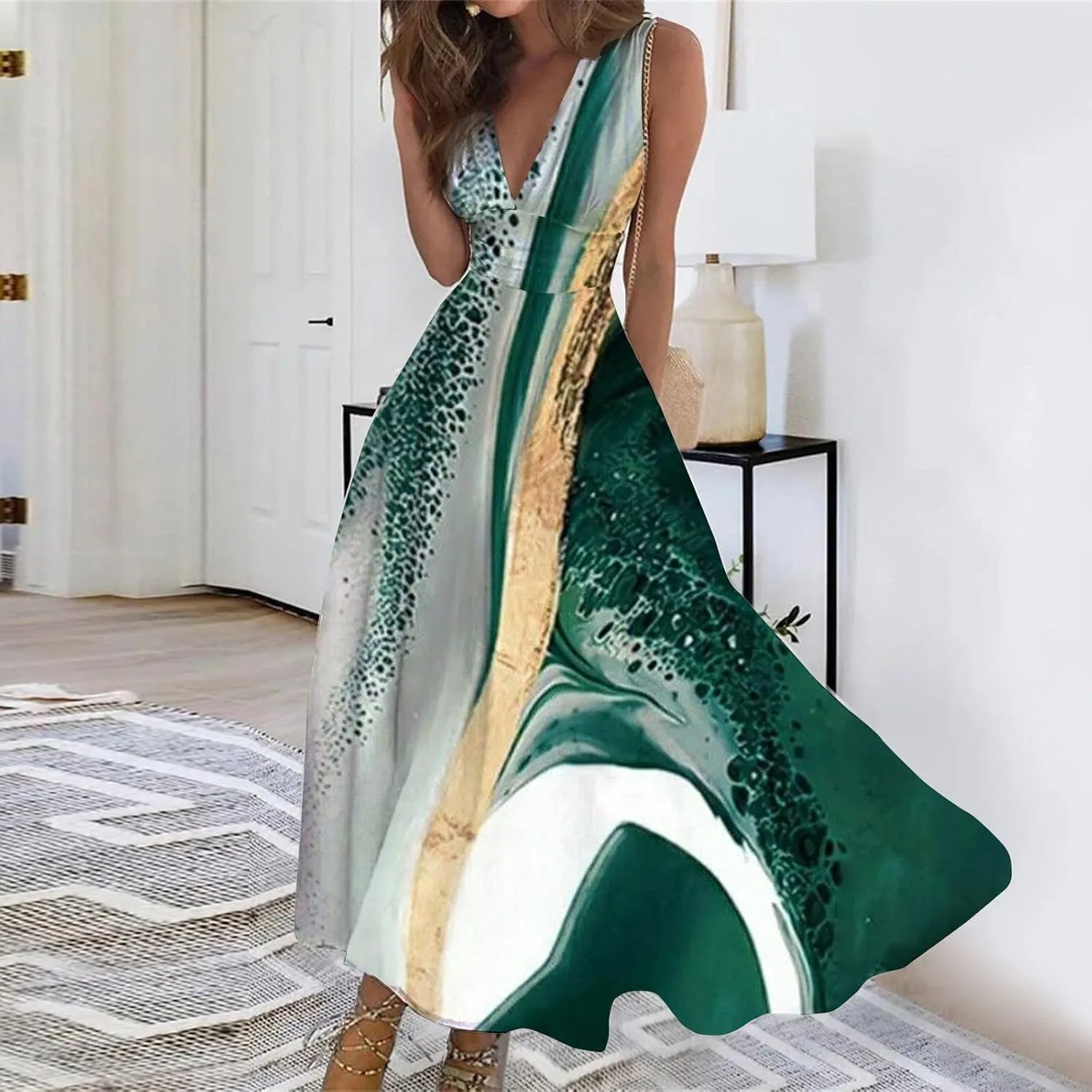 Womens Dresses High Waiste Printed Sundresses Deep V Neck Sleeveless Dresses Flowy Stylish Dresses Retro Maxi Dress