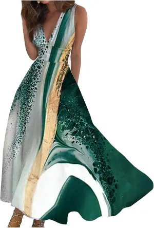 Womens Dresses High Waiste Printed Sundresses Deep V Neck Sleeveless Dresses Flowy Stylish Dresses Retro Maxi Dress