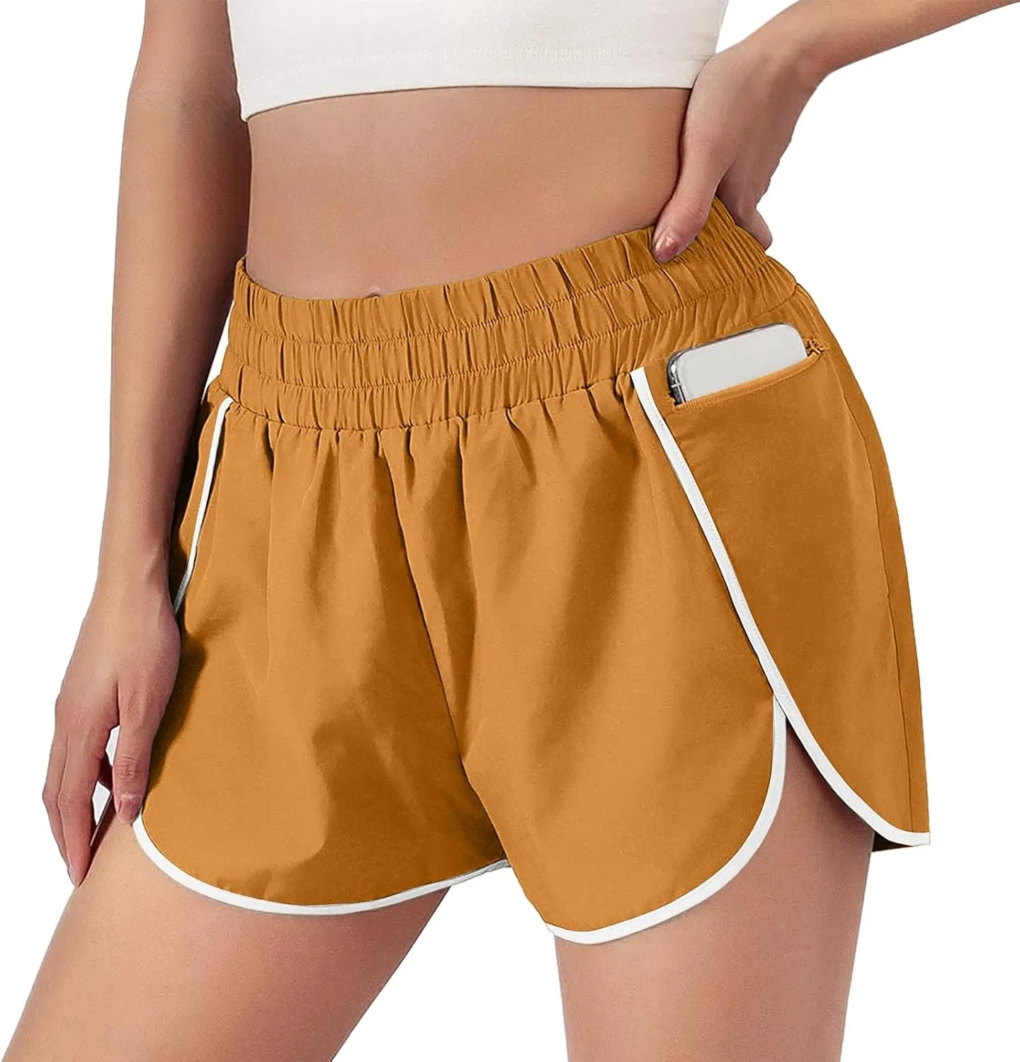 Womens Elastic High Waisted Athletic Shorts Tummy Control Running Workout Gym Short with Zip Pockets Summer Casual Yoga Short