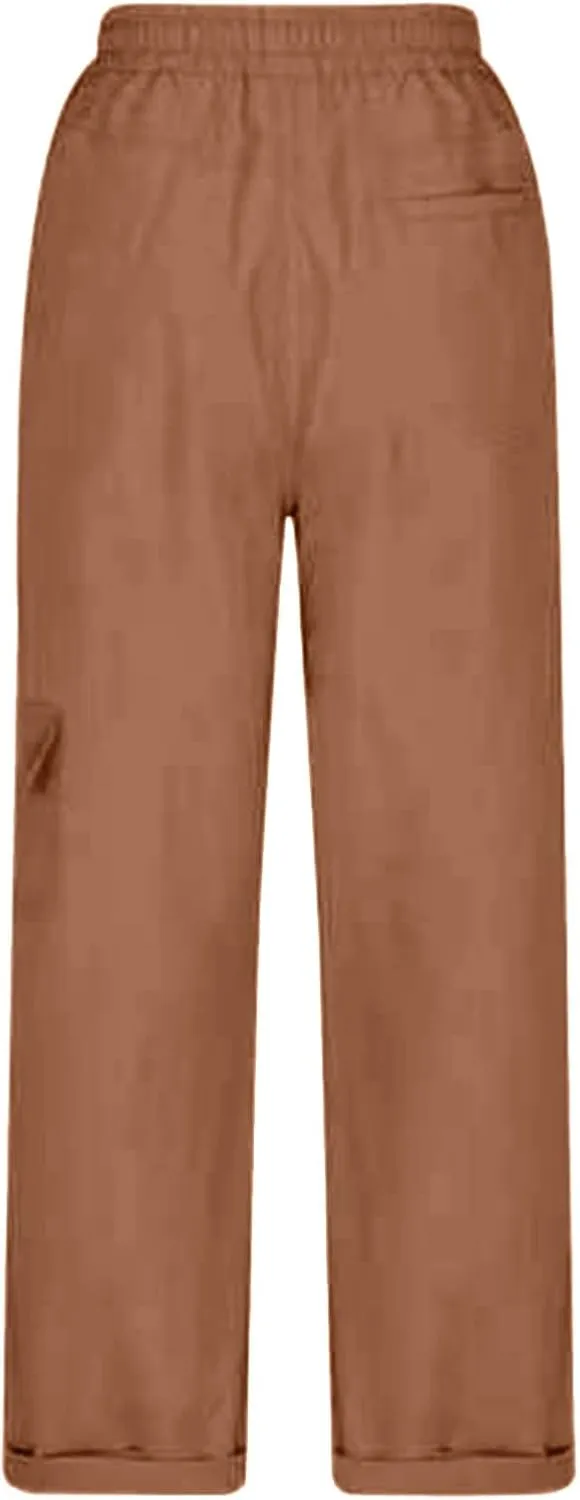 Women's Fashion Pants Loose Fit Summer Baggy Elastic Waist Pant Straight Leg Trousers Convertible Length Cargo
