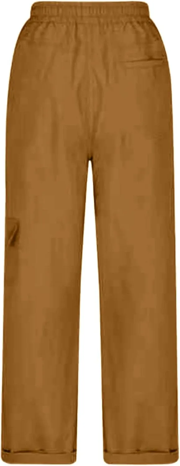 Women's Fashion Pants Loose Fit Summer Baggy Elastic Waist Pant Straight Leg Trousers Convertible Length Cargo