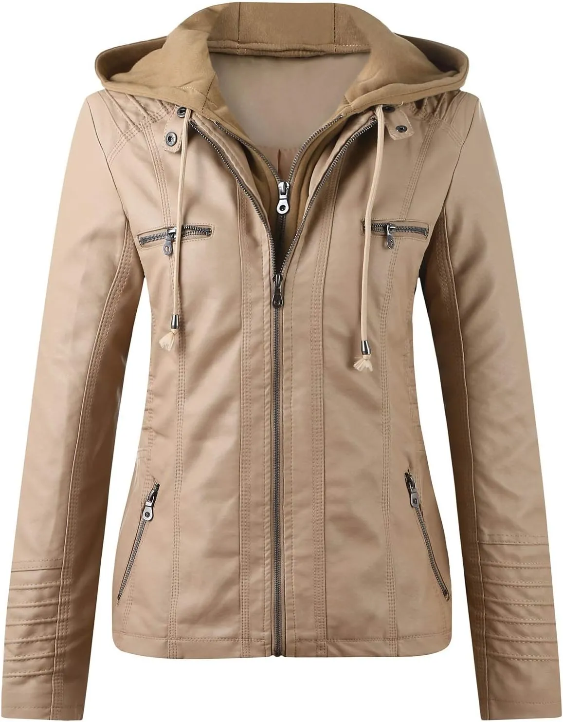 Women's Faux Leather Jackets Plus Size Slim Fit Full Zip Hooded Moto Biker Coat Casual Warm PU Overcoat with Pockets