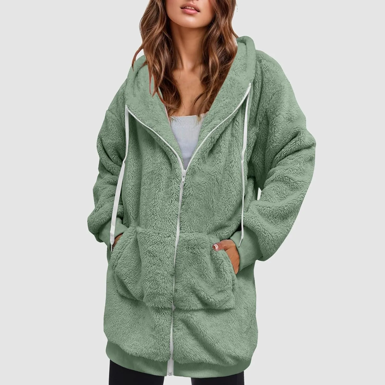 Womens Fleece Zip Up Jacket Oversize Long Sherpa Hoodie Fuzzy Soft Coat Winter Warm Coat Fluffy Overcoat with Pockets