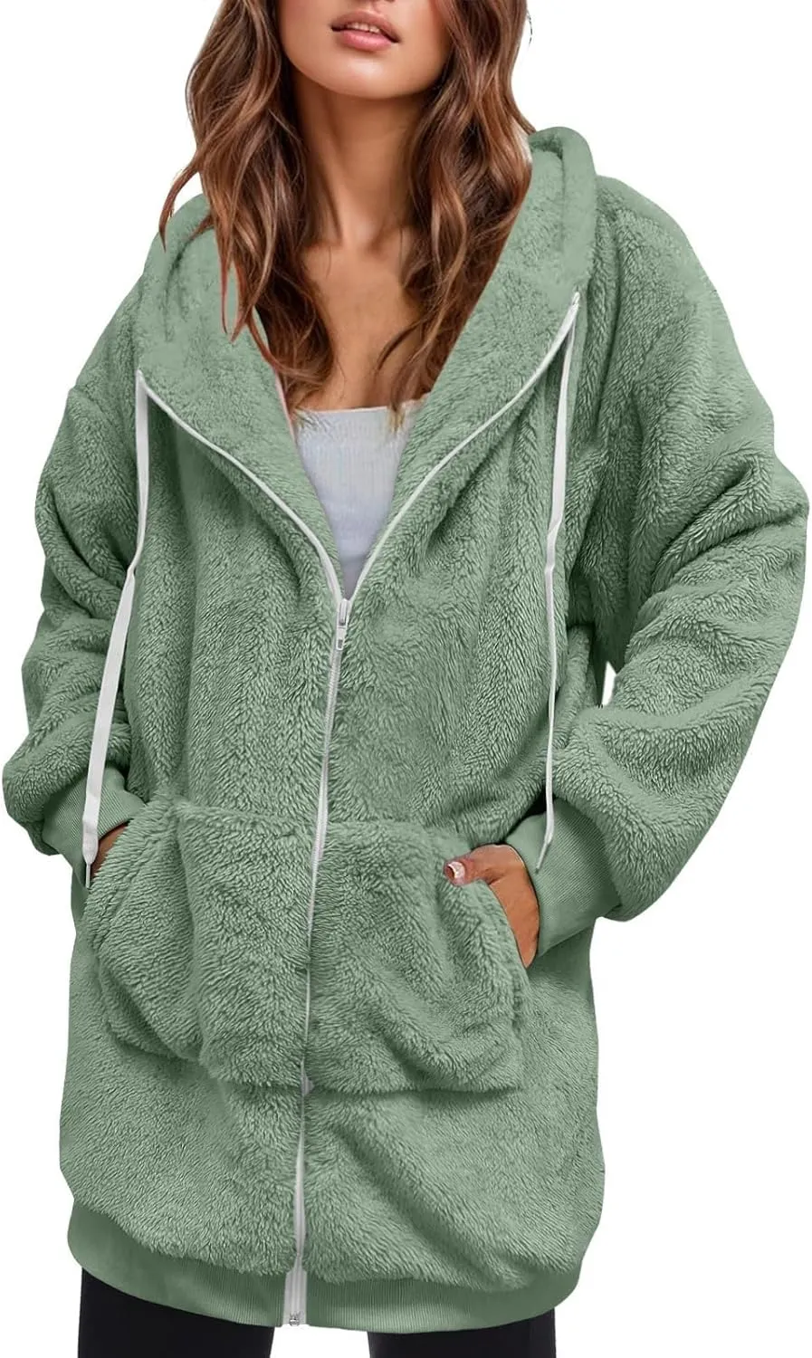 Womens Fleece Zip Up Jacket Oversize Long Sherpa Hoodie Fuzzy Soft Coat Winter Warm Coat Fluffy Overcoat with Pockets
