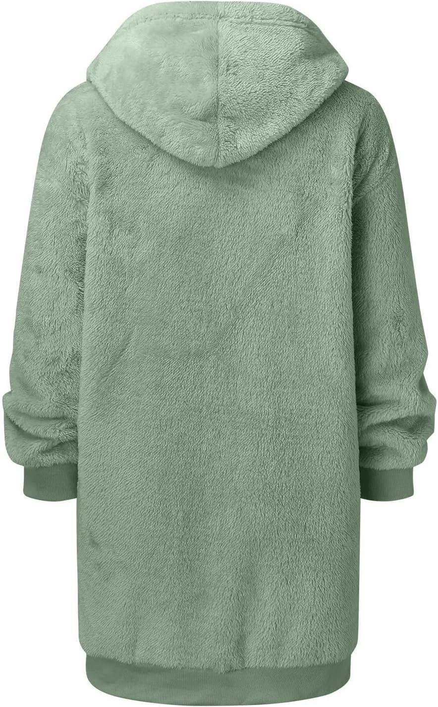 Womens Fleece Zip Up Jacket Oversize Long Sherpa Hoodie Fuzzy Soft Coat Winter Warm Coat Fluffy Overcoat with Pockets