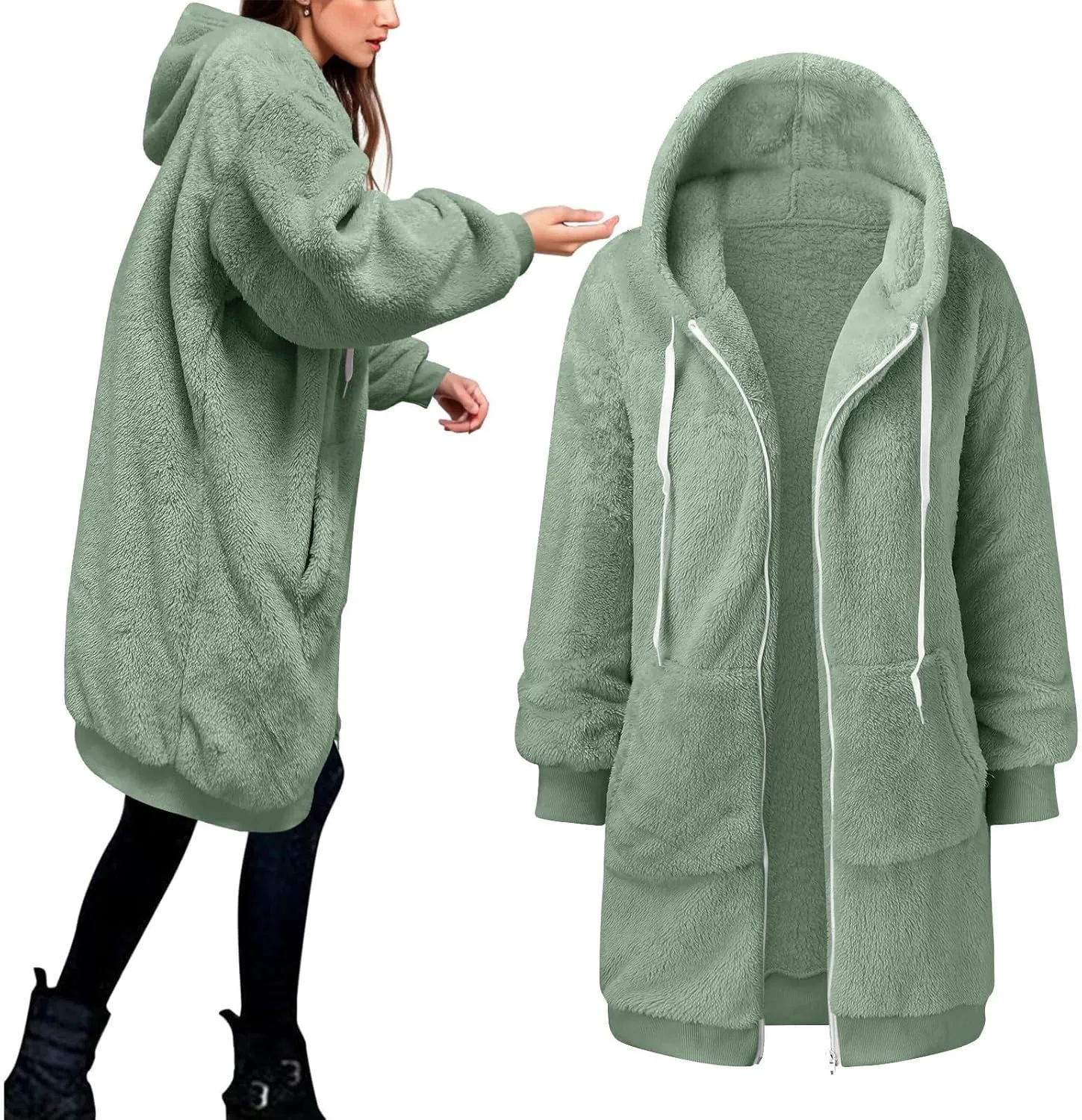Womens Fleece Zip Up Jacket Oversize Long Sherpa Hoodie Fuzzy Soft Coat Winter Warm Coat Fluffy Overcoat with Pockets