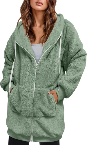 Womens Fleece Zip Up Jacket Oversize Long Sherpa Hoodie Fuzzy Soft Coat Winter Warm Coat Fluffy Overcoat with Pockets