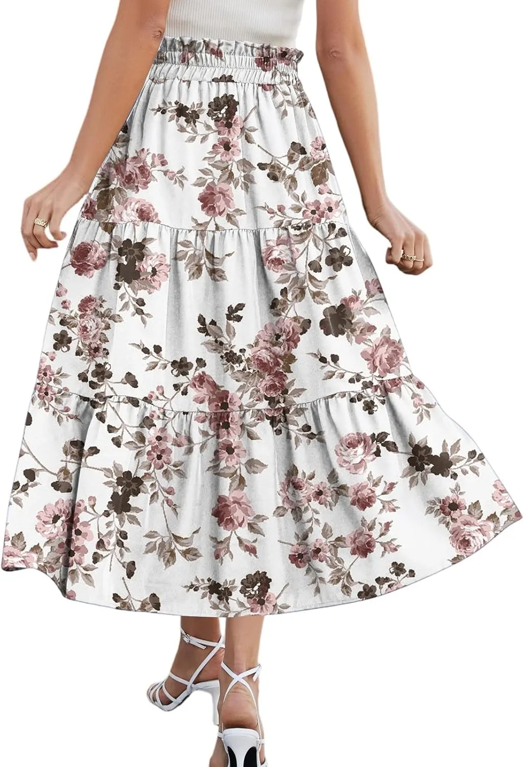 Women's Flowy Midi Skirt Pleated High Elastic Waisted Casual Vacation Resort Long Skirts with Pockets, S-2XL