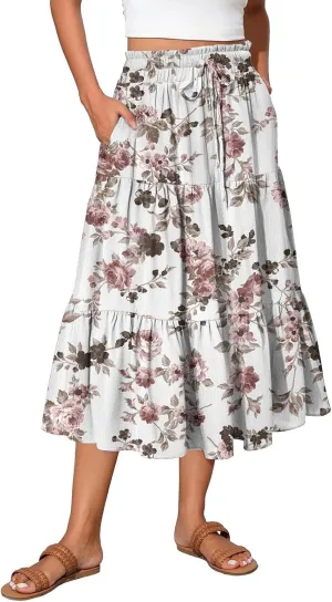 Women's Flowy Midi Skirt Pleated High Elastic Waisted Casual Vacation Resort Long Skirts with Pockets, S-2XL