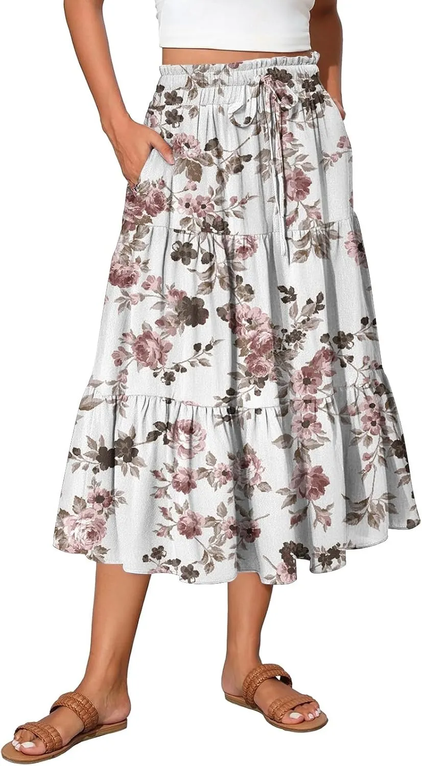 Women's Flowy Midi Skirt Pleated High Elastic Waisted Casual Vacation Resort Long Skirts with Pockets, S-2XL