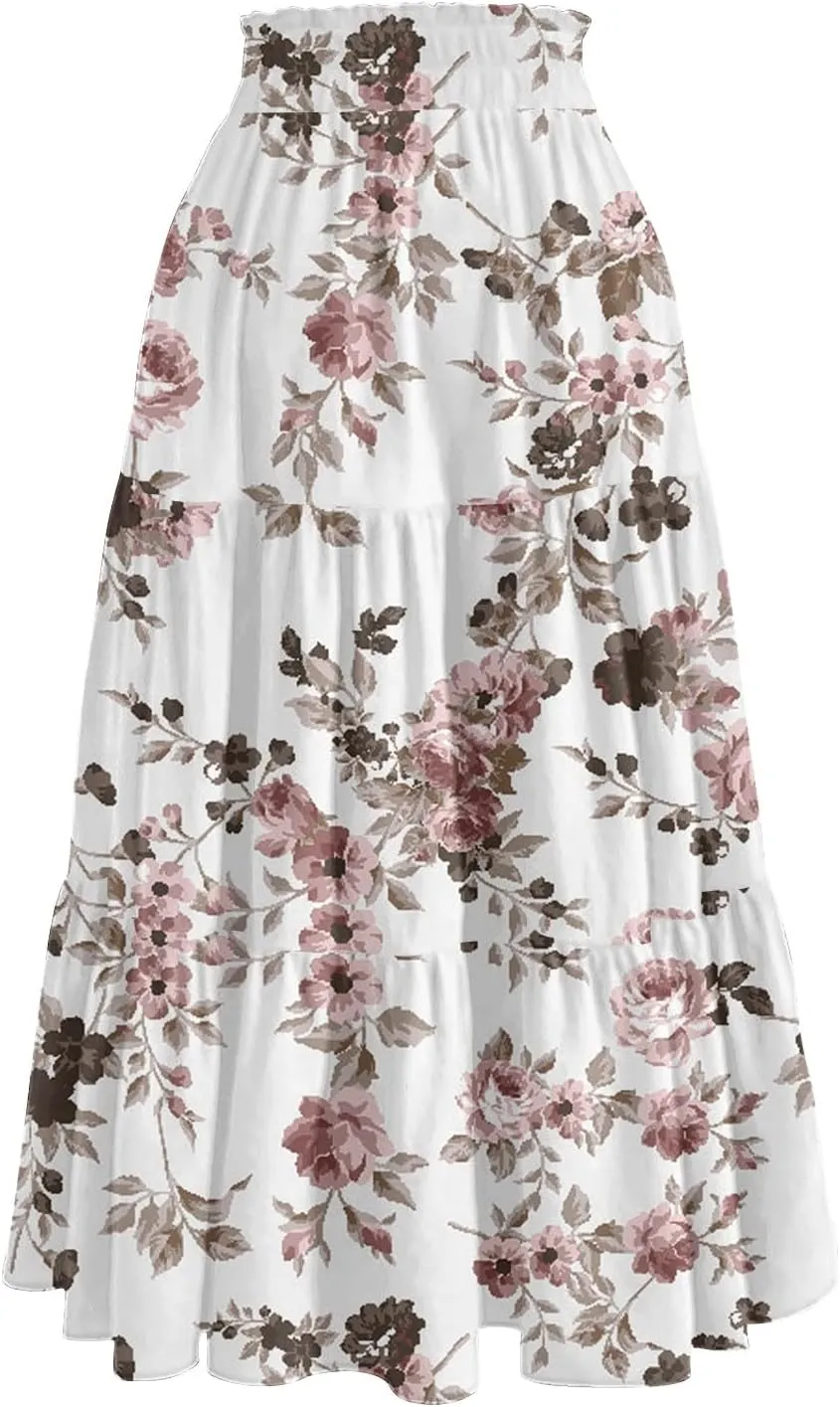 Women's Flowy Midi Skirt Pleated High Elastic Waisted Casual Vacation Resort Long Skirts with Pockets, S-2XL