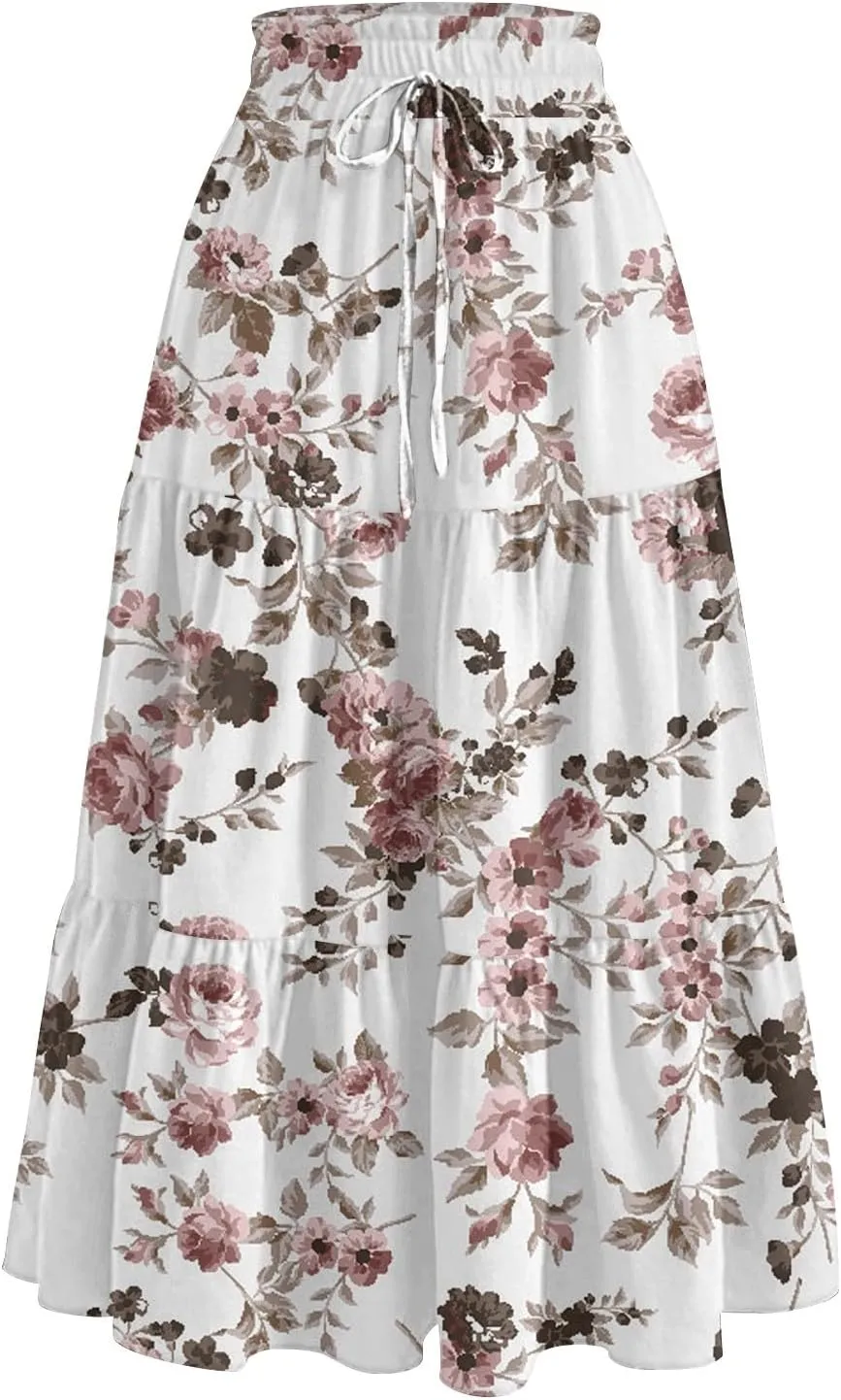 Women's Flowy Midi Skirt Pleated High Elastic Waisted Casual Vacation Resort Long Skirts with Pockets, S-2XL