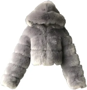 Womens Fluffy Faux Fur Coats Fashion Luxury Thick Warm Cropped Hooded Jacket Plus Size Stitching Fur Cardigan Coat