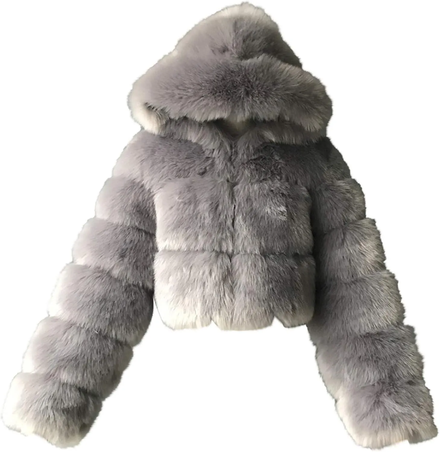 Womens Fluffy Faux Fur Coats Fashion Luxury Thick Warm Cropped Hooded Jacket Plus Size Stitching Fur Cardigan Coat
