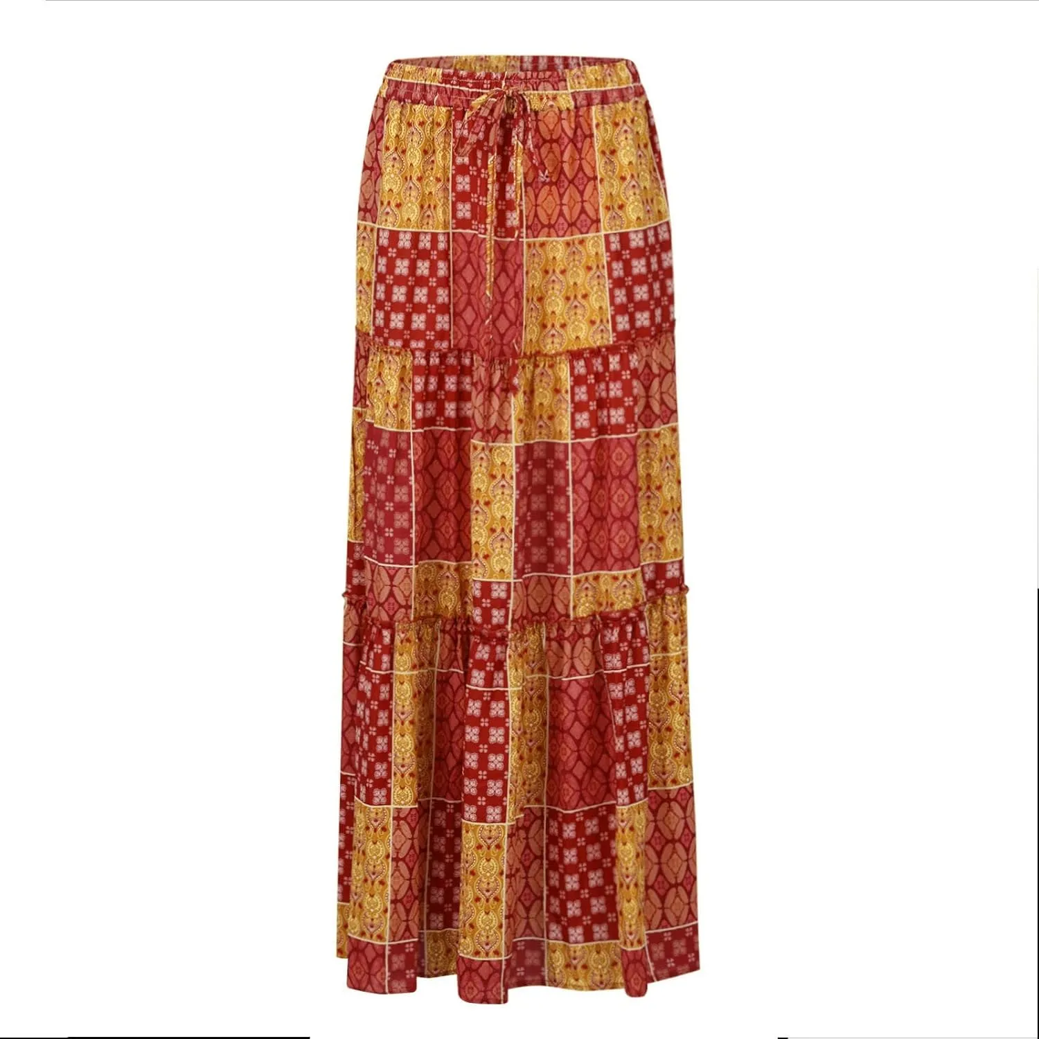 Women's high Wiast tie Boho Print Tiered Pleated Beach A-Line Swing Maxi Skirts 2025, S-2XL