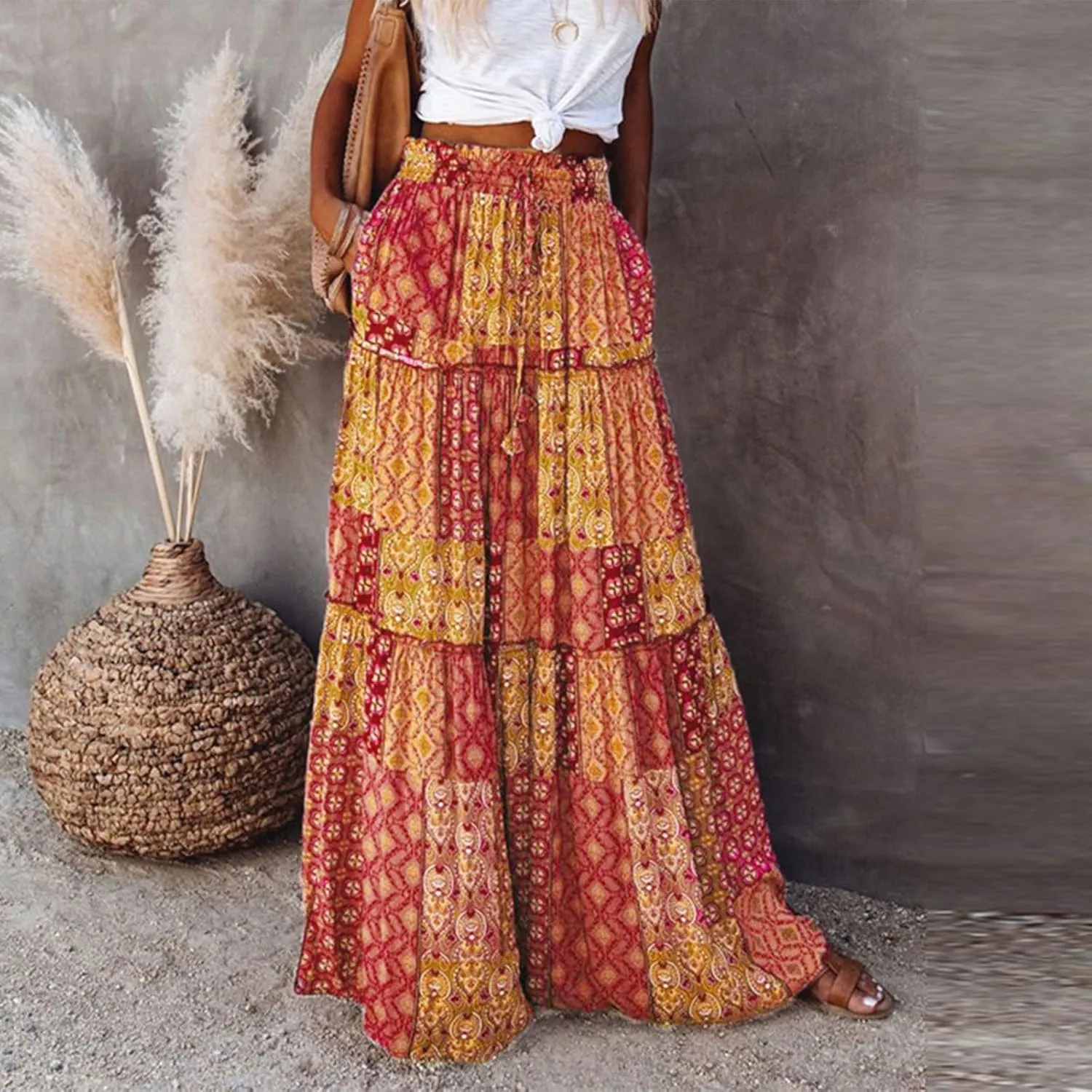 Women's high Wiast tie Boho Print Tiered Pleated Beach A-Line Swing Maxi Skirts 2025, S-2XL
