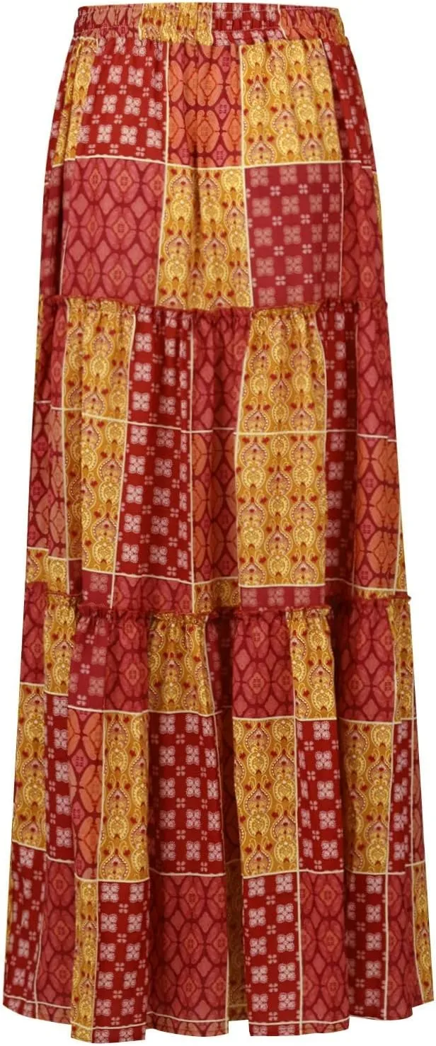 Women's high Wiast tie Boho Print Tiered Pleated Beach A-Line Swing Maxi Skirts 2025, S-2XL
