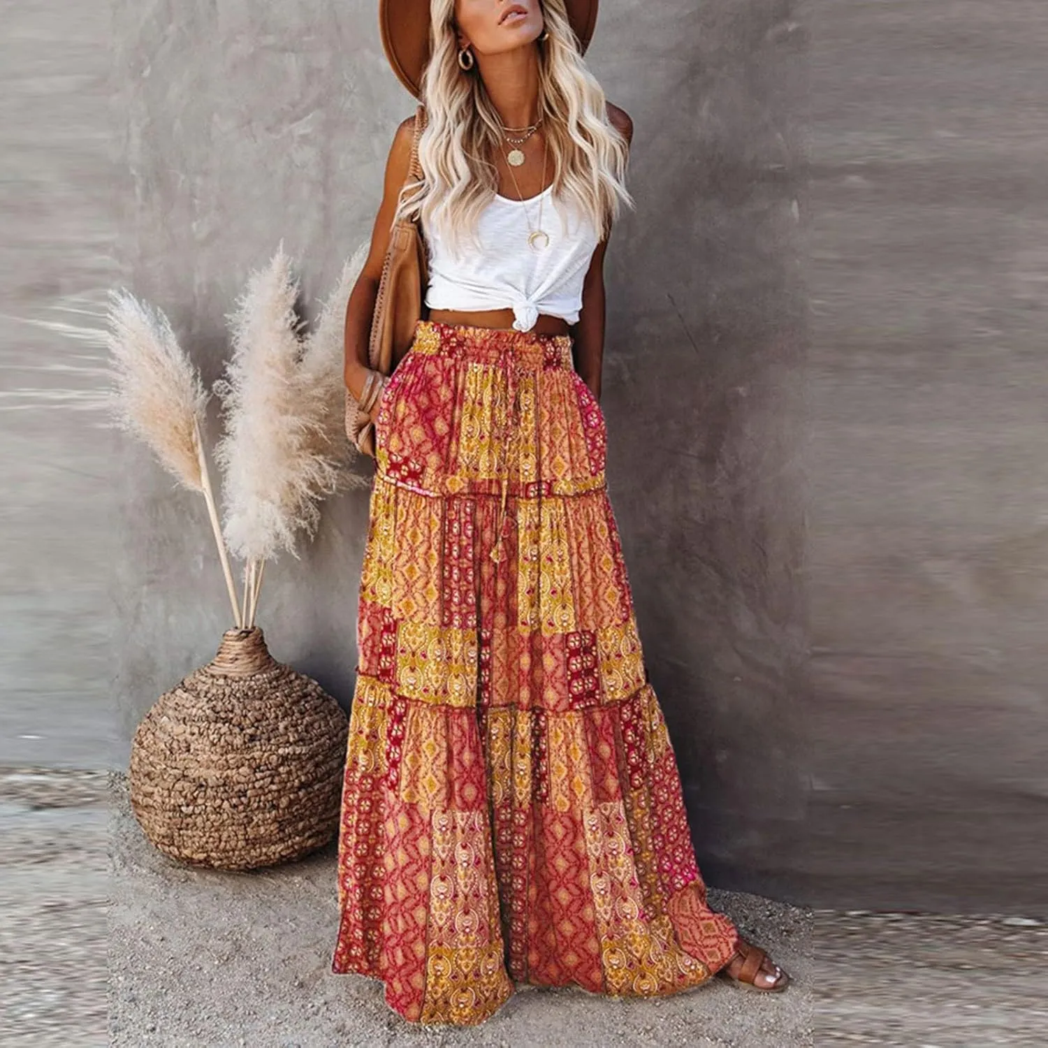 Women's high Wiast tie Boho Print Tiered Pleated Beach A-Line Swing Maxi Skirts 2025, S-2XL