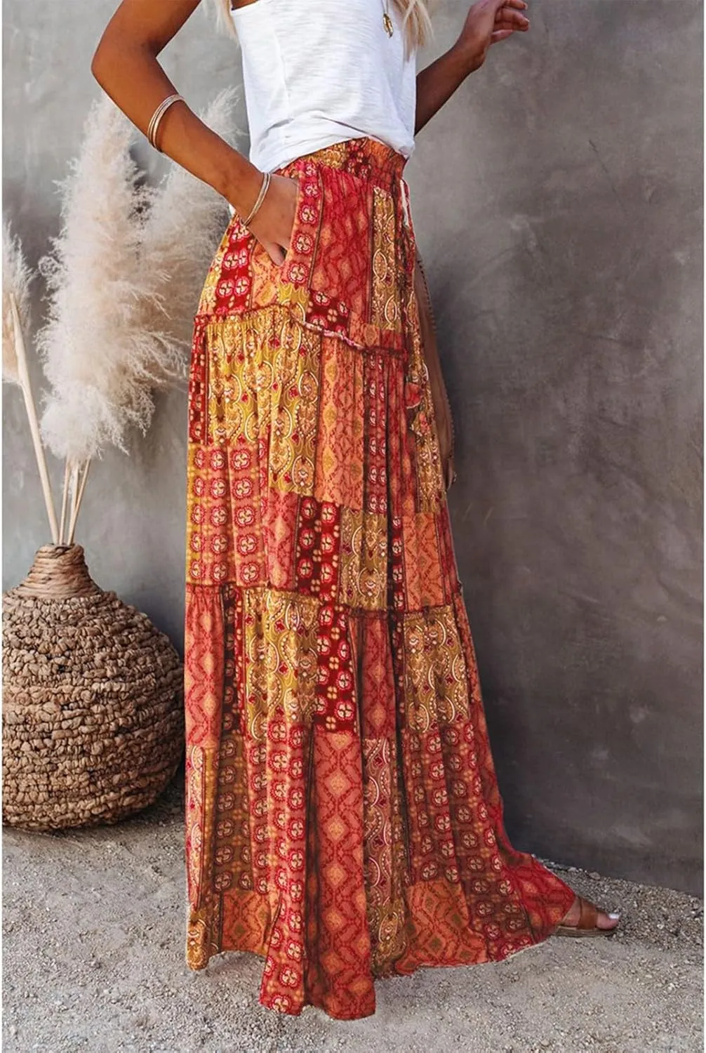 Women's high Wiast tie Boho Print Tiered Pleated Beach A-Line Swing Maxi Skirts 2025, S-2XL