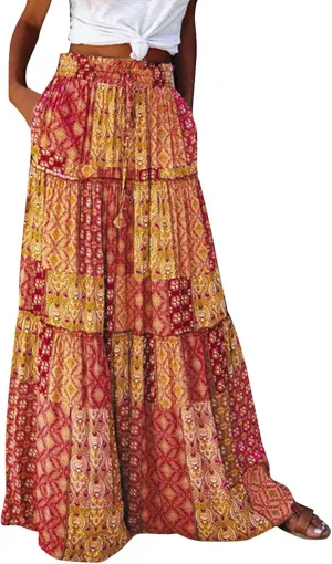 Women's high Wiast tie Boho Print Tiered Pleated Beach A-Line Swing Maxi Skirts 2025, S-2XL
