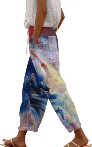 Women's Linen Capris Relaxed Fit Drawstring Elastic Waist Cropped Pants for Casual Wear Tropical Baggy Trousers