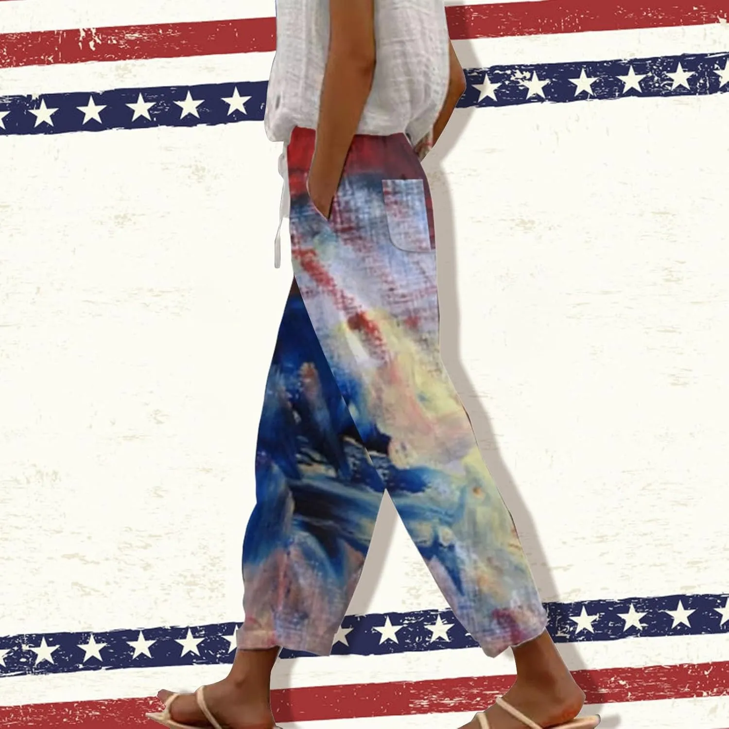 Women's Linen Capris Relaxed Fit Drawstring Elastic Waist Cropped Pants for Casual Wear Tropical Baggy Trousers