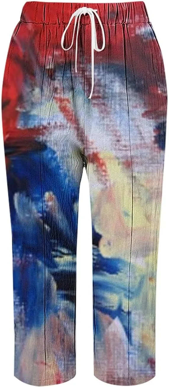 Women's Linen Capris Relaxed Fit Drawstring Elastic Waist Cropped Pants for Casual Wear Tropical Baggy Trousers