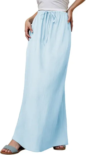 Womens Linen Maxi Skirts Summer Comfy Casual Skirt Drawstring Waist A Line Skirts Vacation Boho Long Flowy Skirt