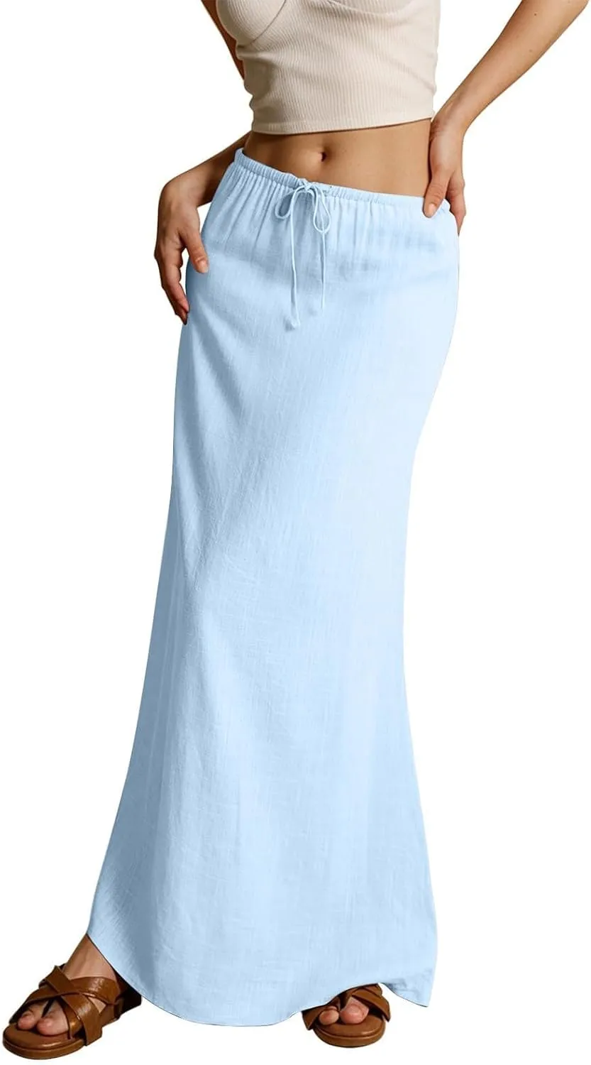 Womens Linen Maxi Skirts Summer Comfy Casual Skirt Drawstring Waist A Line Skirts Vacation Boho Long Flowy Skirt
