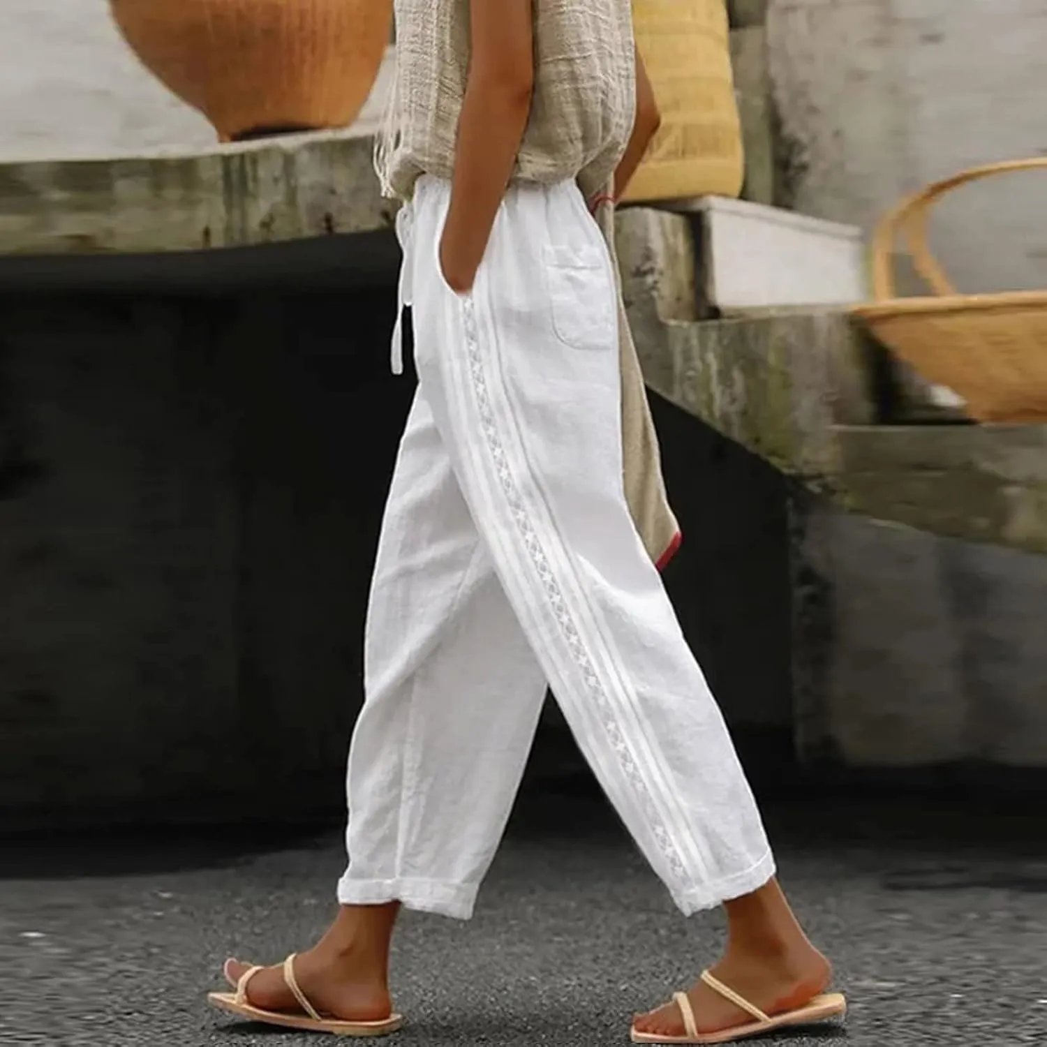 Women's Linen Pants Casual Loose High Waist Drawstring Straight Leg Lace Capri Cropped Pants Trousers with Pockets