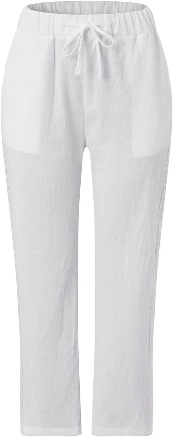 Women's Linen Pants Casual Loose High Waist Drawstring Straight Leg Lace Capri Cropped Pants Trousers with Pockets