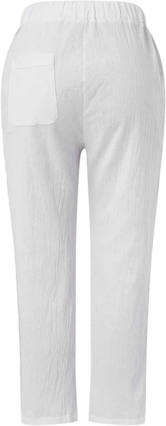 Women's Linen Pants Casual Loose High Waist Drawstring Straight Leg Lace Capri Cropped Pants Trousers with Pockets