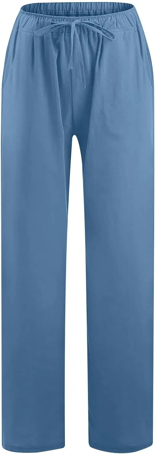 Womens Linen Pants Casual Wide Leg Drawstring Boho Pant High Waisted Summer Beach Trousers Loose Fit Lounge Palazzo