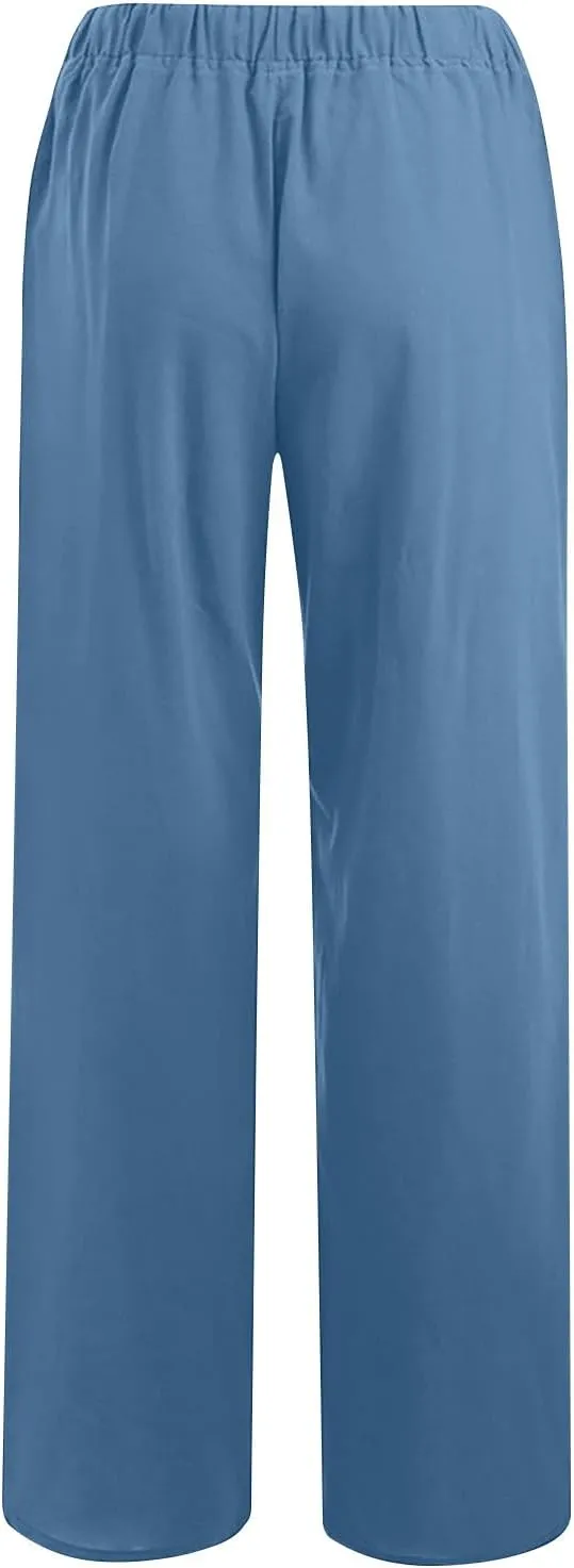 Womens Linen Pants Casual Wide Leg Drawstring Boho Pant High Waisted Summer Beach Trousers Loose Fit Lounge Palazzo