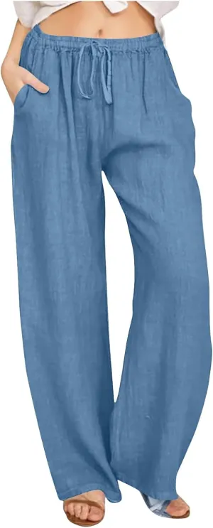 Womens Linen Pants Casual Wide Leg Drawstring Boho Pant High Waisted Summer Beach Trousers Loose Fit Lounge Palazzo