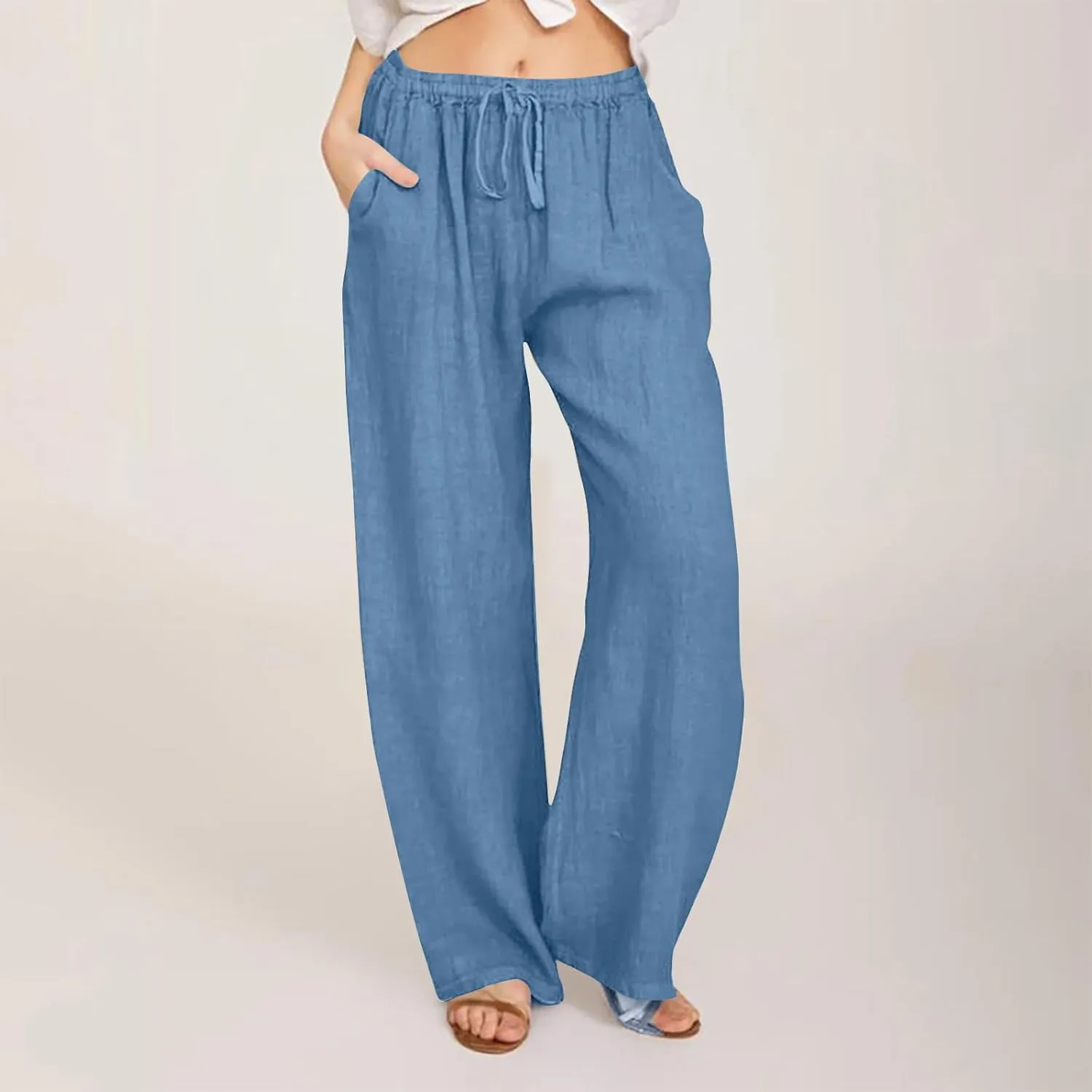 Womens Linen Pants Casual Wide Leg Drawstring Boho Pant High Waisted Summer Beach Trousers Loose Fit Lounge Palazzo