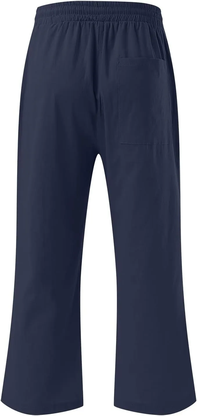 Womens Linen Pants Dressy Loose Fit High Waist Solid Wide Leg Work Palazzo Pant Trousers with Pockets