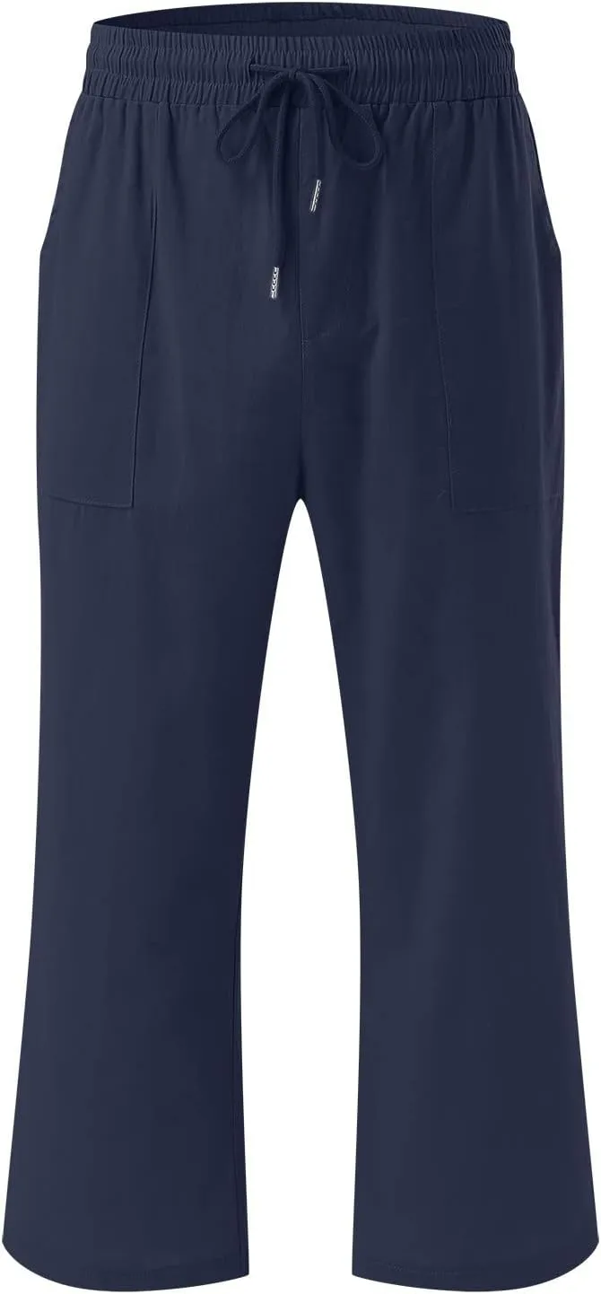 Womens Linen Pants Dressy Loose Fit High Waist Solid Wide Leg Work Palazzo Pant Trousers with Pockets