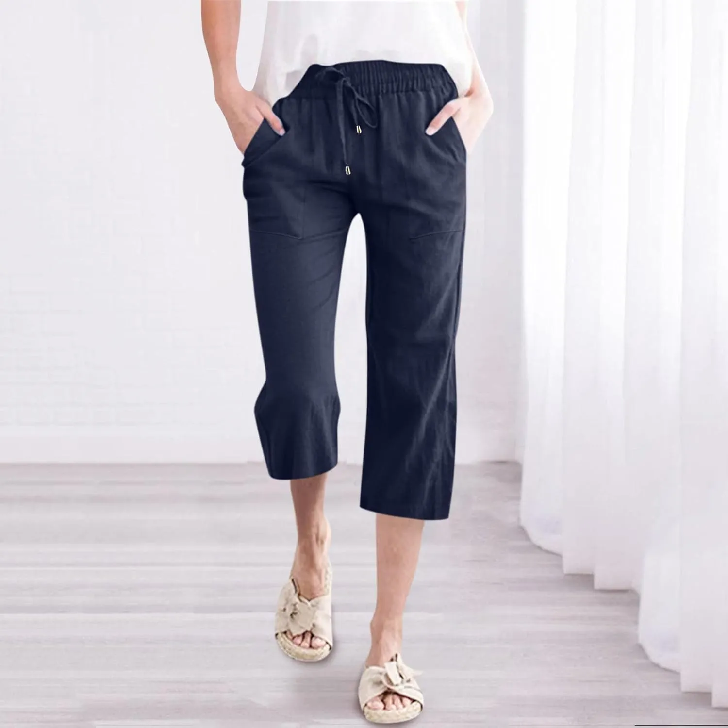 Womens Linen Pants Dressy Loose Fit High Waist Solid Wide Leg Work Palazzo Pant Trousers with Pockets