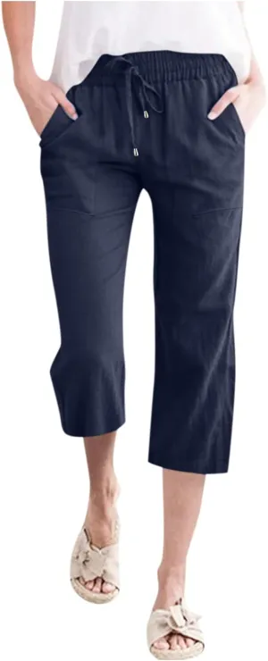 Womens Linen Pants Dressy Loose Fit High Waist Solid Wide Leg Work Palazzo Pant Trousers with Pockets
