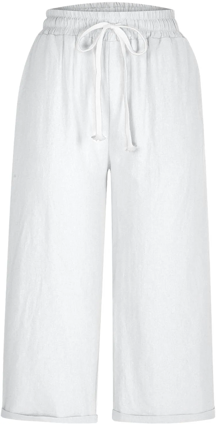Women's Linen Pants Lightweight Capri Pants Cotton Elastic Waist Trousers Casual Travel Vacation Lounge Trousers