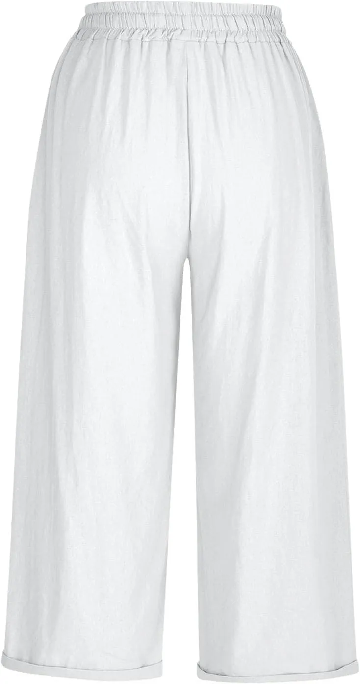 Women's Linen Pants Lightweight Capri Pants Cotton Elastic Waist Trousers Casual Travel Vacation Lounge Trousers