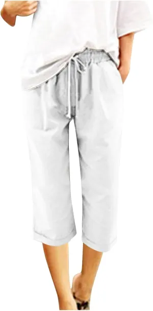 Women's Linen Pants Lightweight Capri Pants Cotton Elastic Waist Trousers Casual Travel Vacation Lounge Trousers